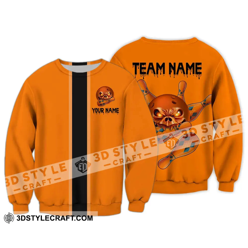 Unisex Shirt - Custom Name Orange Skull Bowling Long Sleeve / S T-Shirt