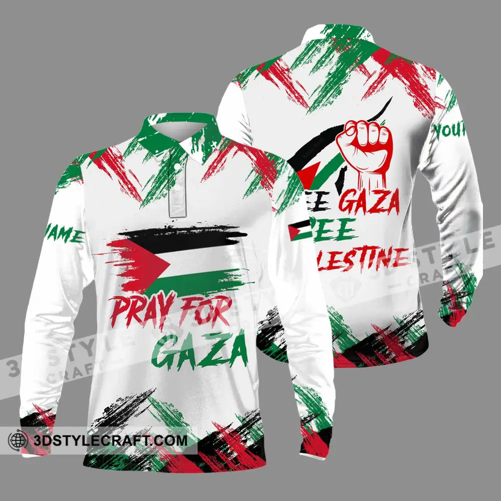 Unisex Shirt - Custom Name Palestine Pray For Gaza Long Sleeve Polo / S T-Shirt