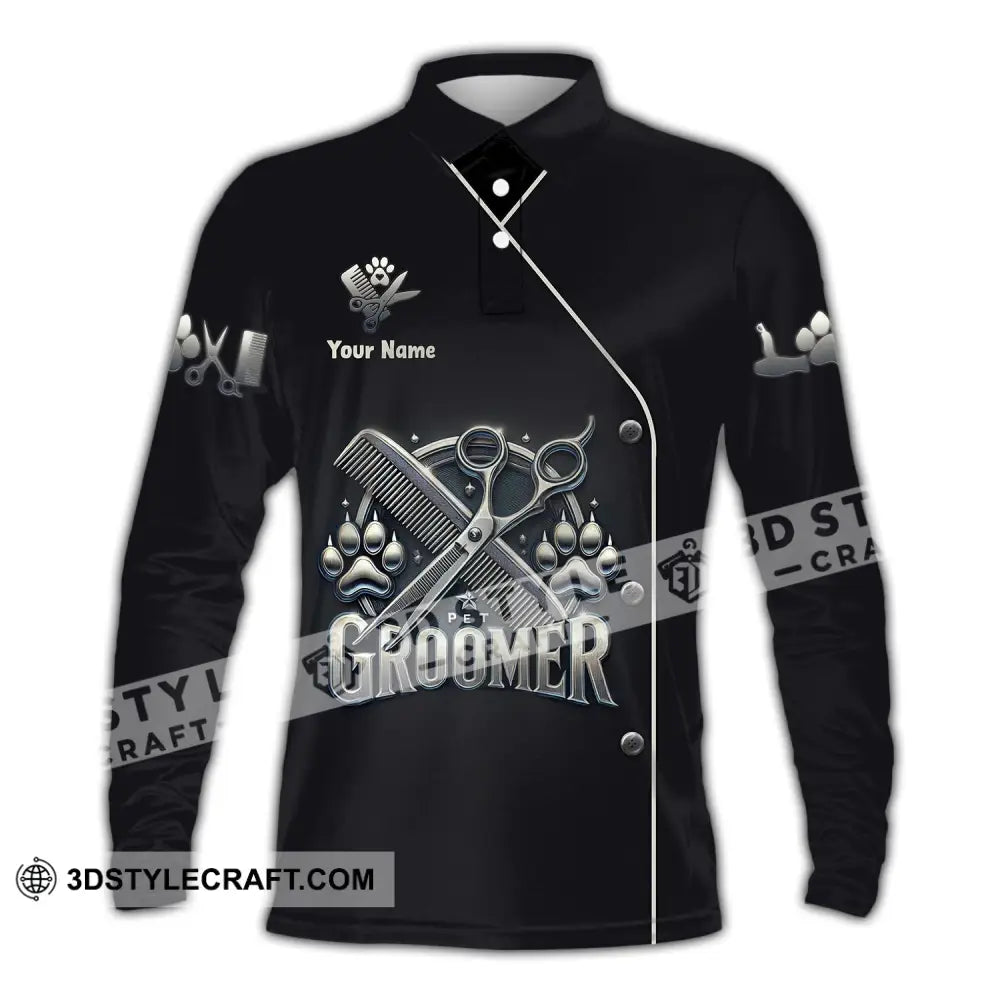 Unisex Shirt Custom Name Pet Grooming Groomer Polo Long Sleeve Gift / S T-Shirt