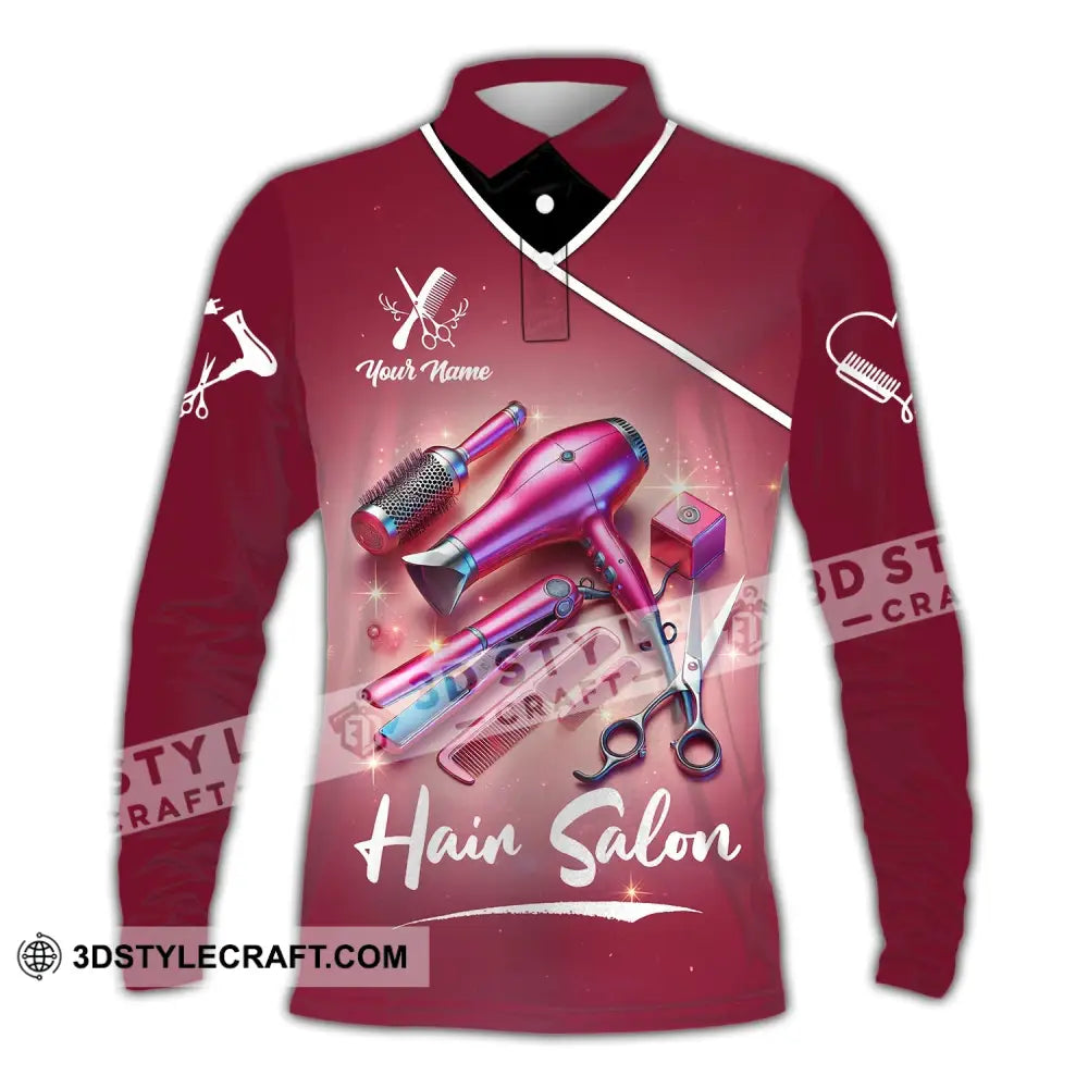 Unisex Shirt - Custom Name Pink Hair Salon Long Sleeve Polo / S T-Shirt