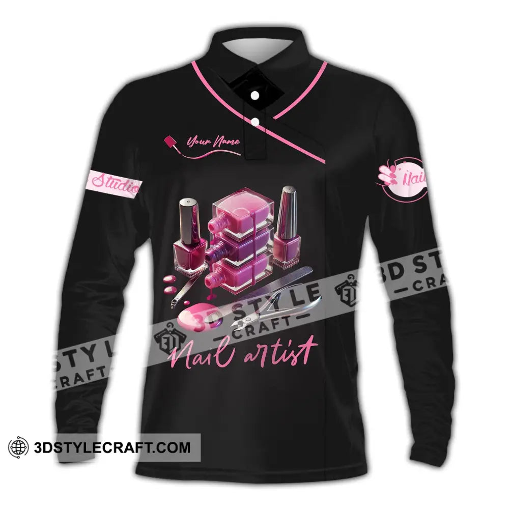 Unisex Shirt - Custom Name Pink Nail Artist Long Sleeve Polo / S T-Shirt