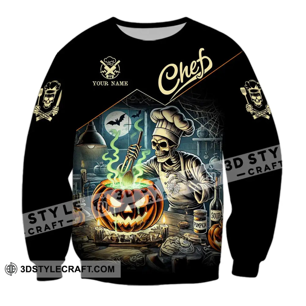 Unisex Shirt - Custom Name Pumpkin Halloween Skull Chef Long Sleeve / S T-Shirt