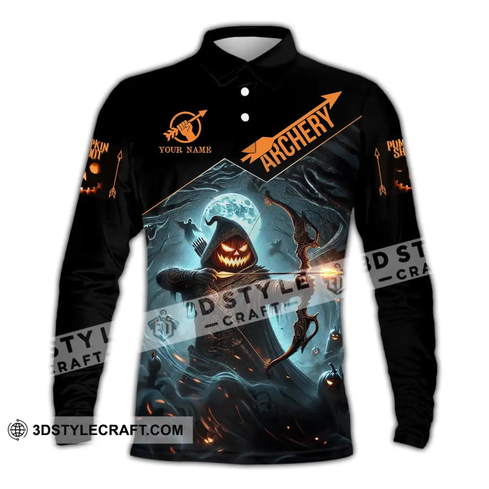 Unisex Shirt - Custom Name Pumpkin Shoot Archery Long Sleeve Polo / S T-Shirt