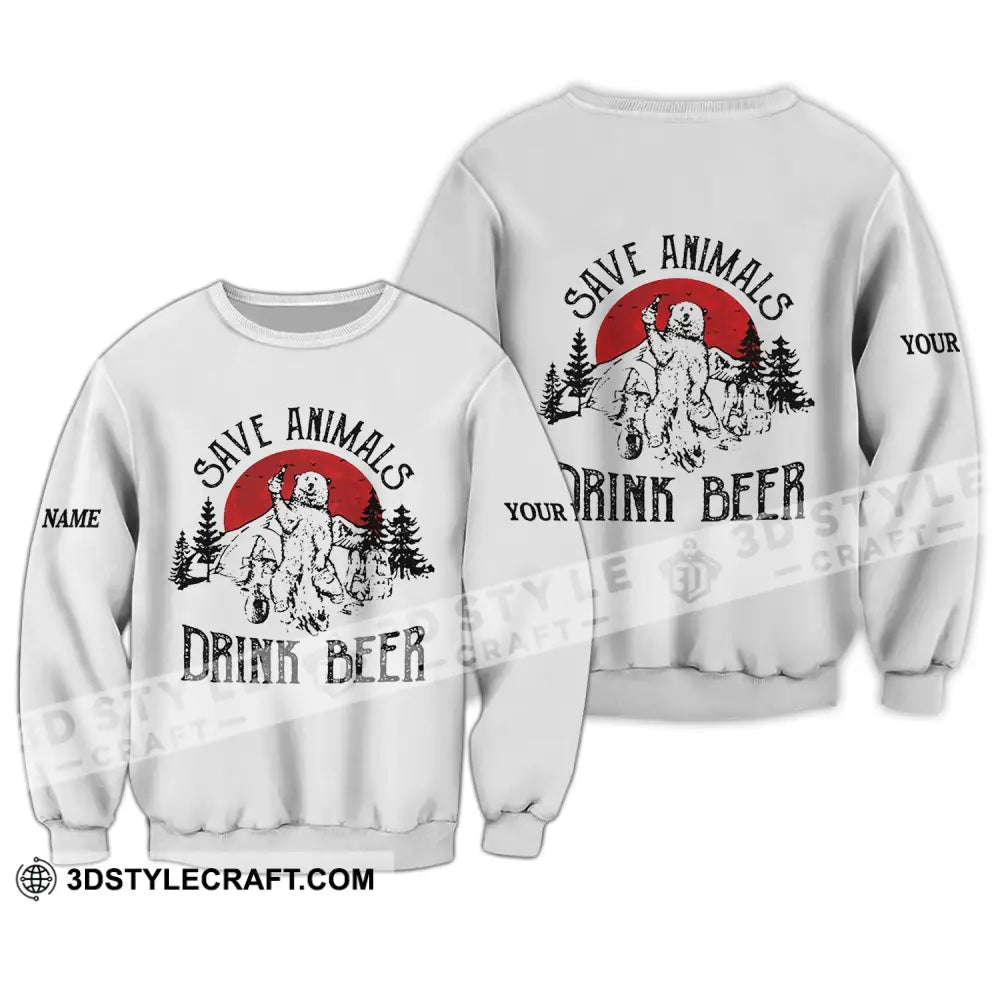 Unisex Shirt - Custom Name Save Animals Drink Beer Long Sleeve / S T-Shirt