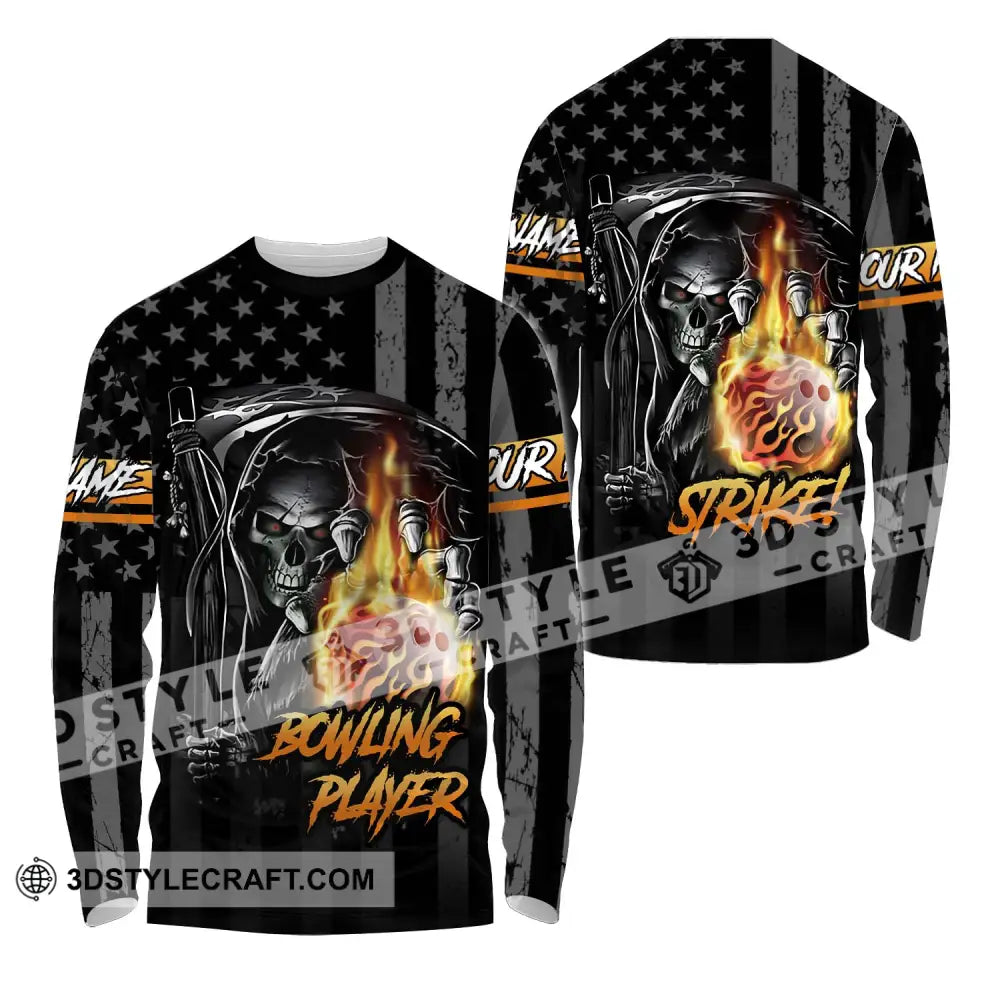 Unisex Shirt - Custom Name Skull Bowling Player Long Sleeve / S T-Shirt