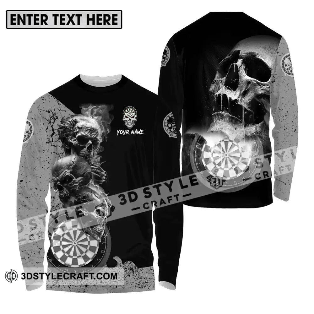 Unisex Shirt - Custom Name Smoking Skull Darts Long Sleeve / S T-Shirt