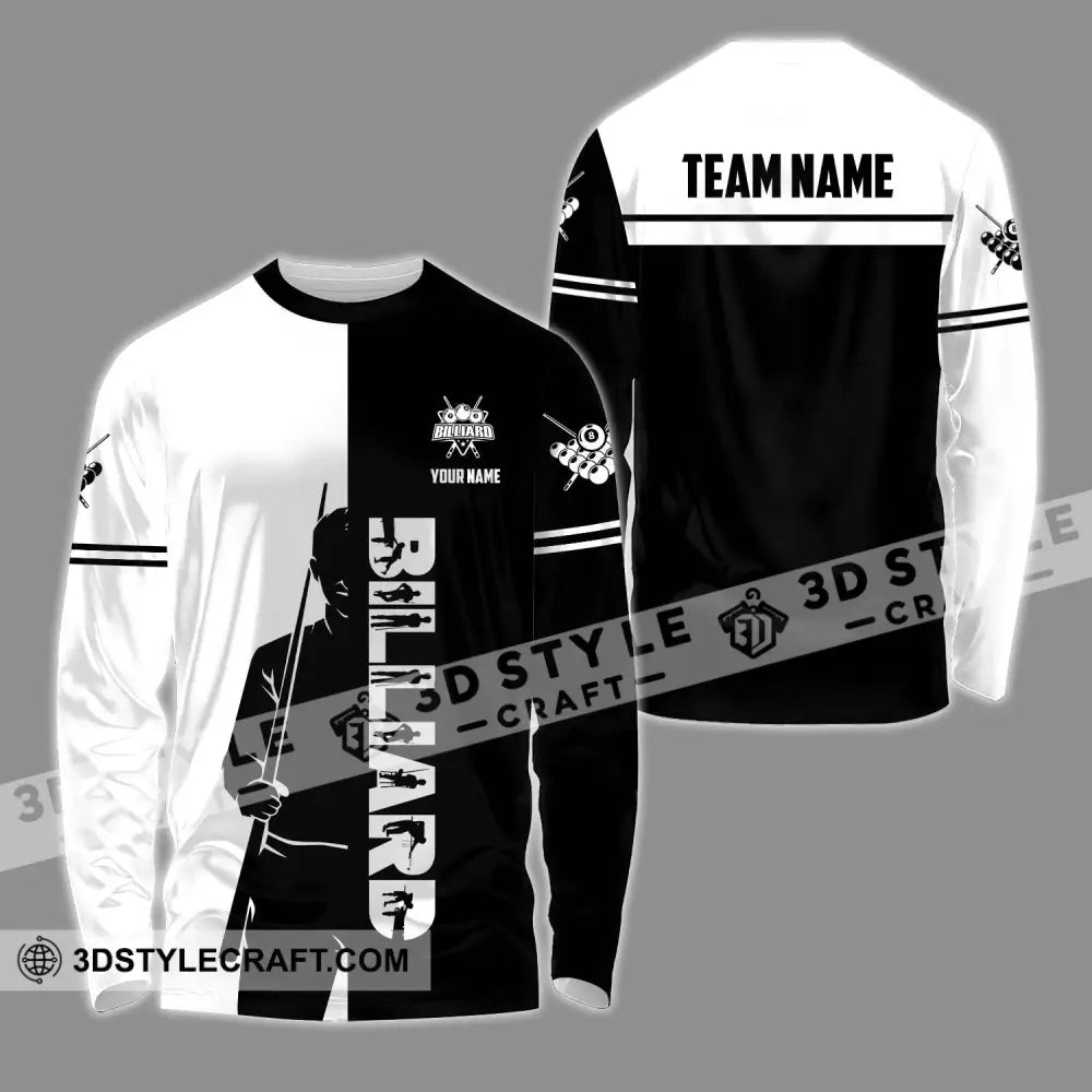 Unisex Shirt - Custom Name Sport Billiard Classic Black And White Long Sleeve / S T-Shirt