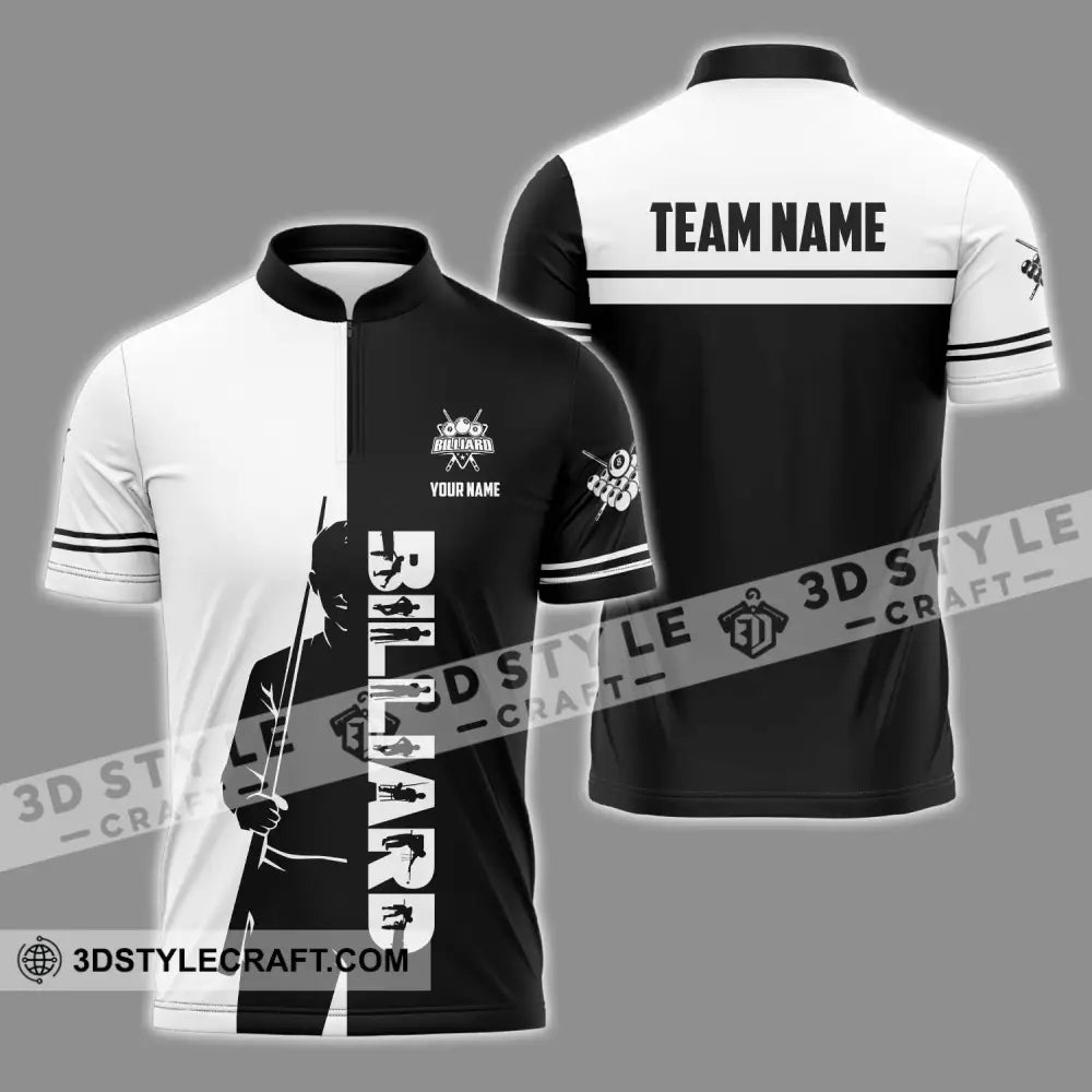 Unisex Shirt - Custom Name Sport Billiard Classic Black And White Zipper Polo / S T-Shirt