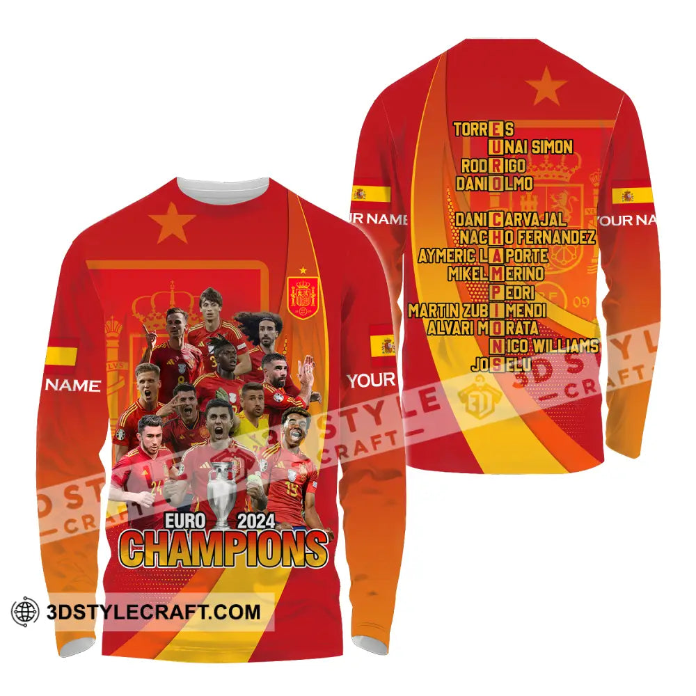 Unisex Shirt - Custom Name Sport Euro 2024 Champion Spain Long Sleeve / S T-Shirt