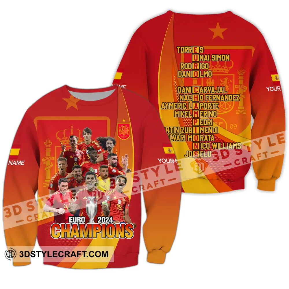 Unisex Shirt - Custom Name Sport Euro 2024 Champion Spain Long Sleeve / S T-Shirt