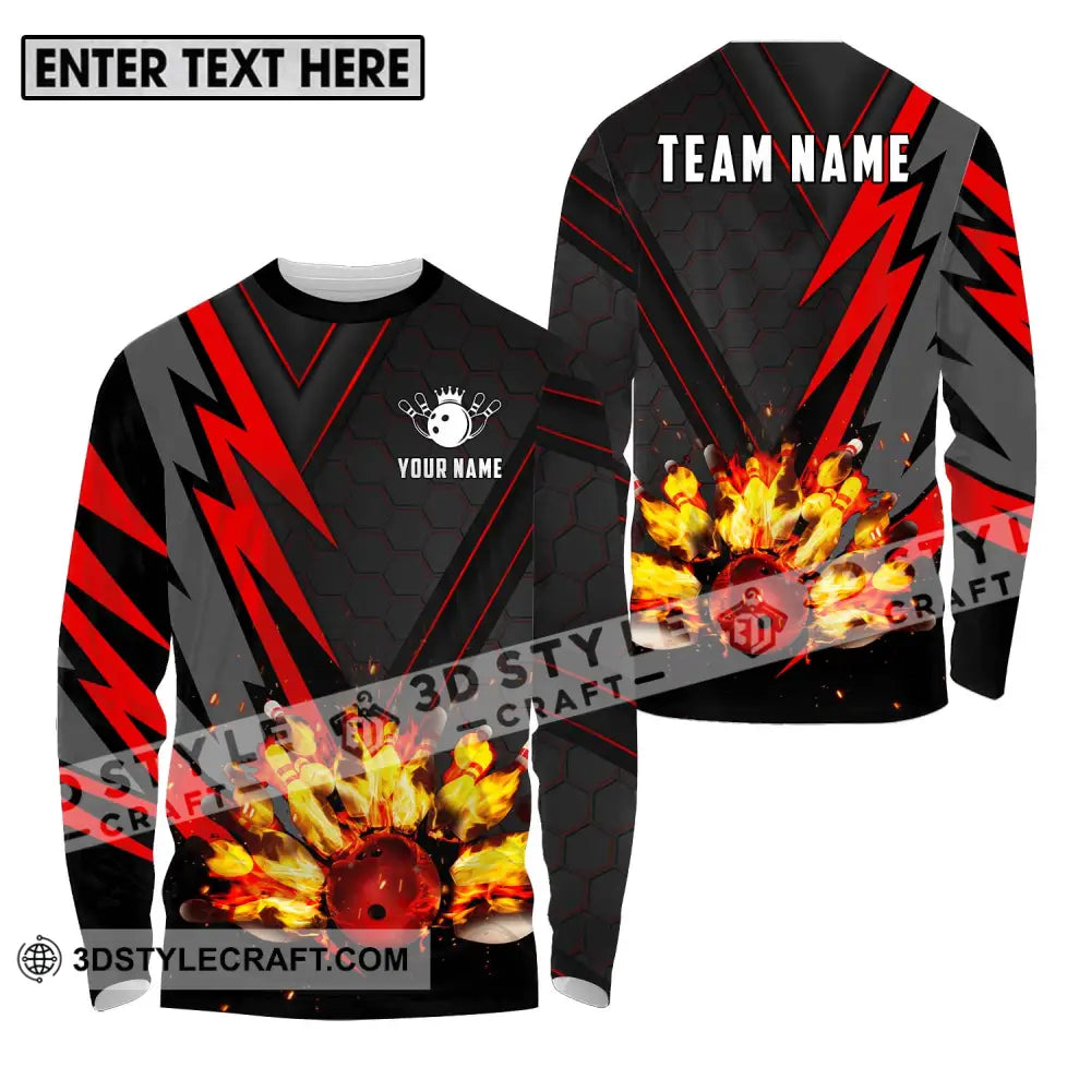 Unisex Shirt - Custom Name Sport Fire Bowling Pins And Ball Long Sleeve / S T-Shirt