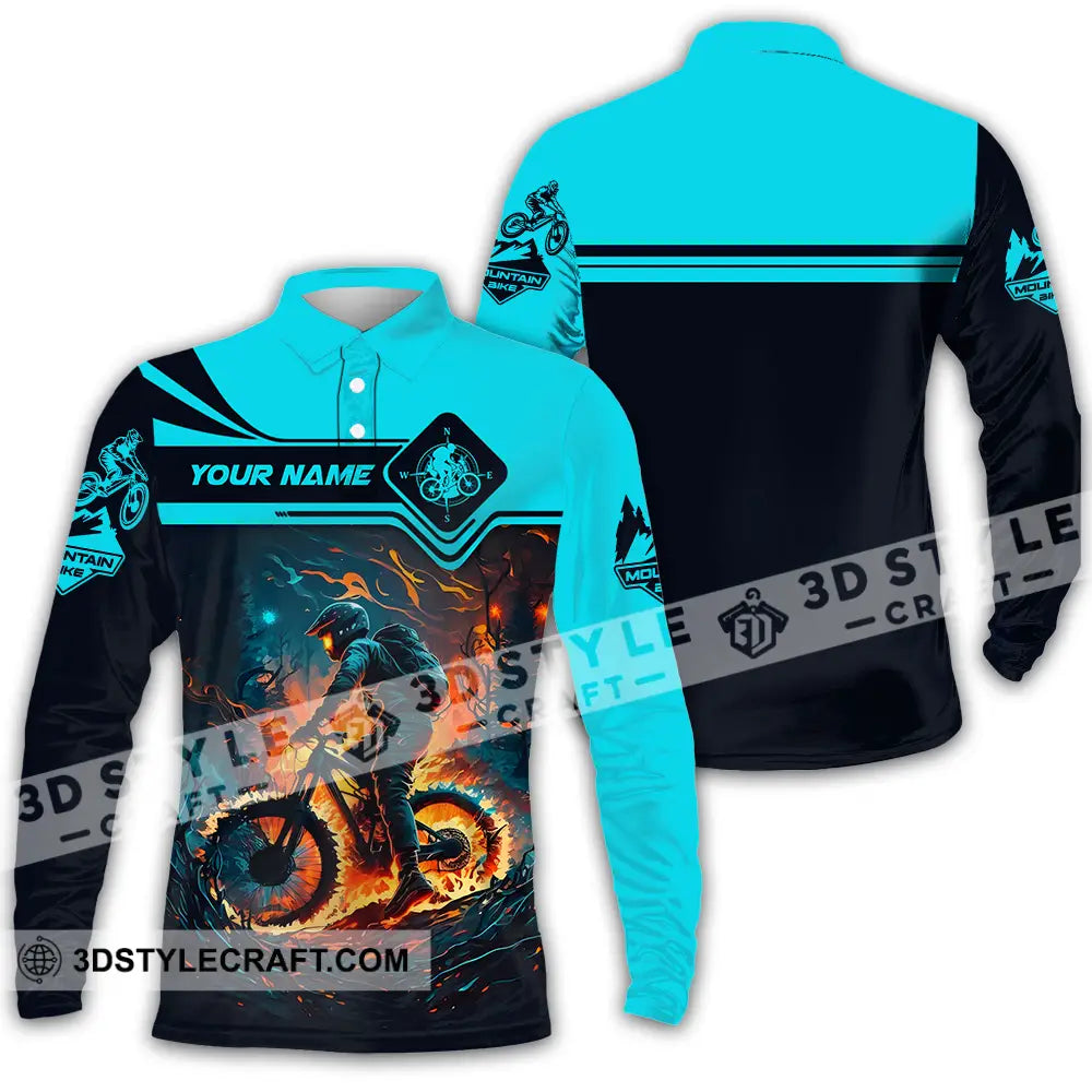 Unisex Shirt - Custom Name Sport Fire Mountain Biker Long Sleeve Polo / S T-Shirt