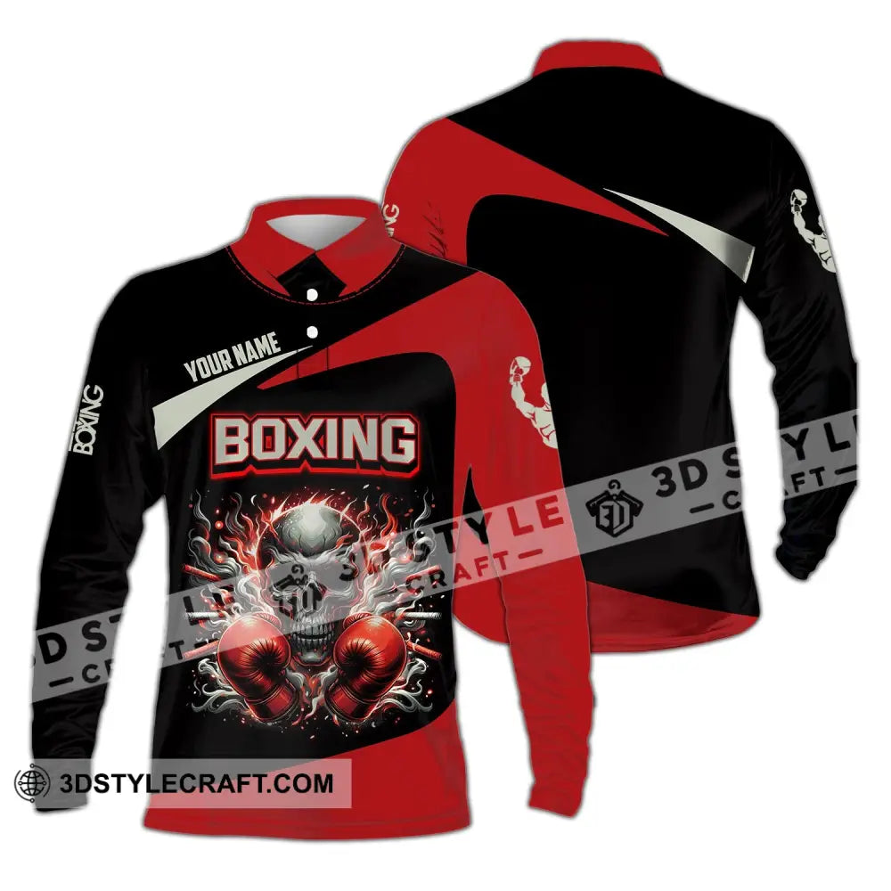 Unisex Shirt - Custom Name Sport Red Glove Boxing Skull Long Sleeve Polo / S T-Shirt