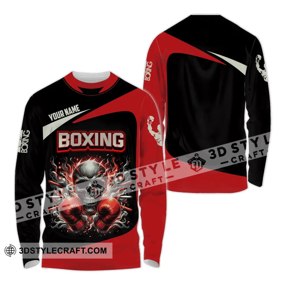 Unisex Shirt - Custom Name Sport Red Glove Boxing Skull Long Sleeve / S T-Shirt