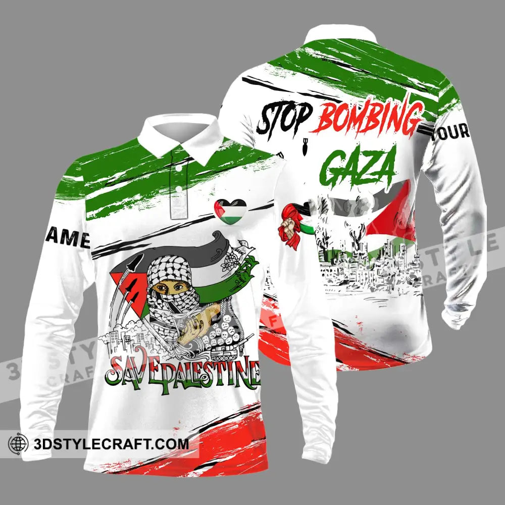 Unisex Shirt - Custom Name Stop Bombing Gaza Long Sleeve Polo / S T-Shirt