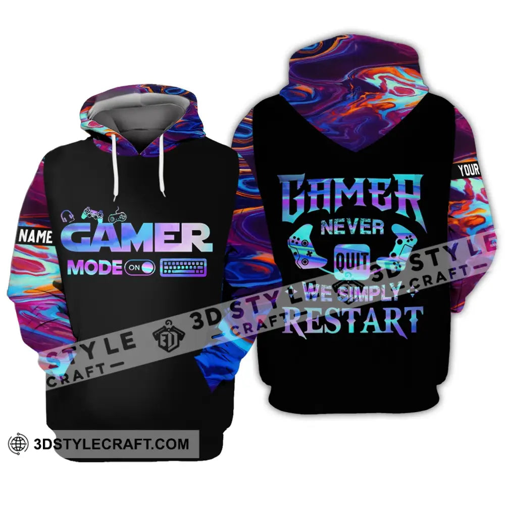 Unisex Shirt - Custom Name T-Shirt Gamer Mode On Never Quit We Simple Restart Hoodie / S T-Shirt