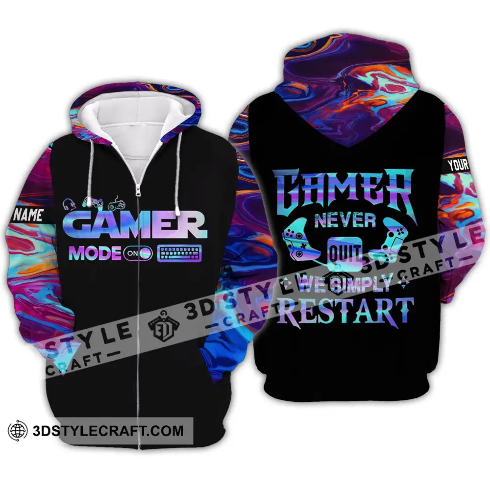 Unisex Shirt - Custom Name T-Shirt Gamer Mode On Never Quit We Simple Restart Zipper Hoodie / S