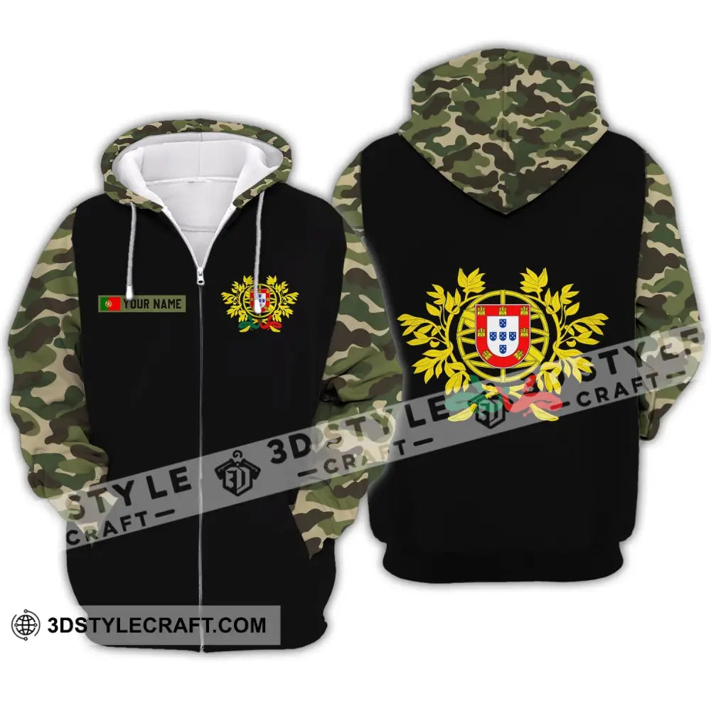 Unisex Shirt - Custom Name T-Shirt Portugal Coat Of Arms Camo Zipper Hoodie / S T-Shirt