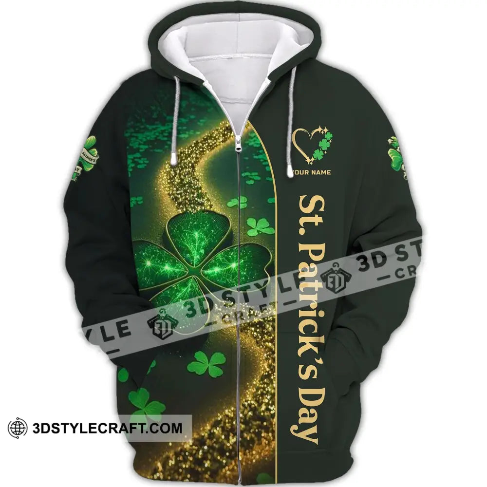 Unisex Shirt - Custom Name T-Shirt St. Patrick’s Day Clothing Heart With 4-Leaf Clover Zipper