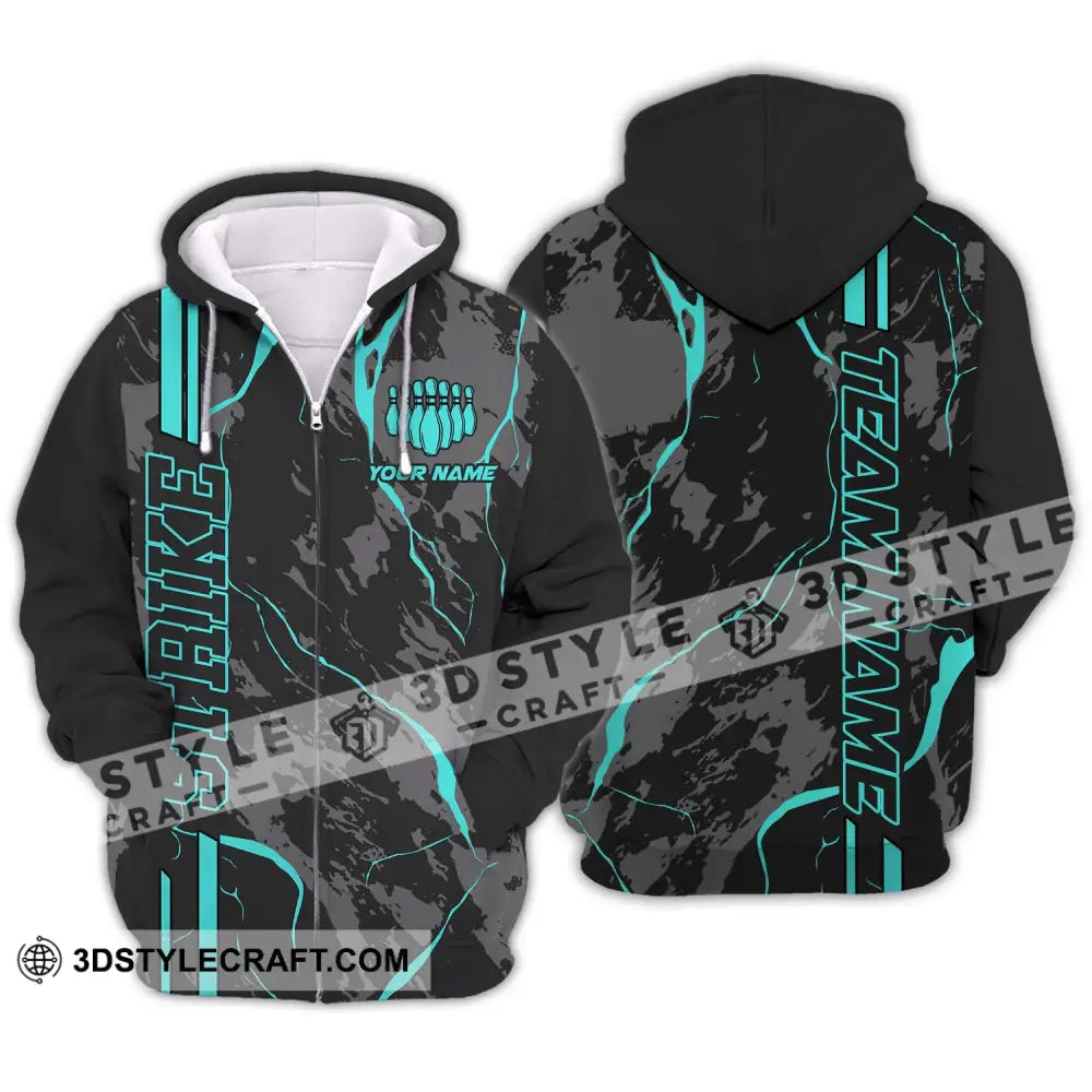 Unisex Shirt - Custom Name Team Cyan Strike Bowling Zipper Hoodie / S T-Shirt