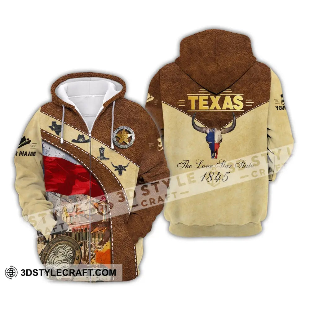 Unisex Shirt Custom Name Texas T-Shirt The Lone Star State 1845 Zipper Hoodie / S