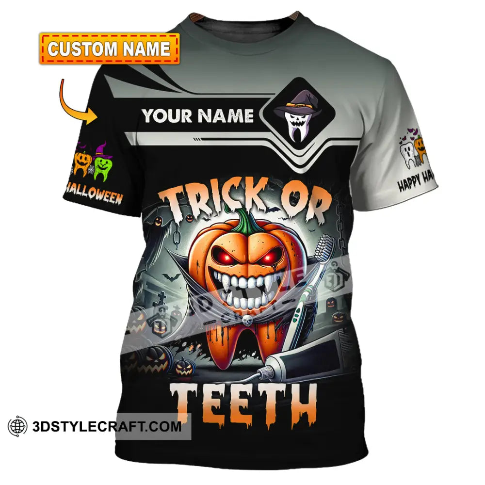 Unisex Shirt Custom Name Trick Or Teeth Halloween Polo Long Sleeve Gift T-Shirt