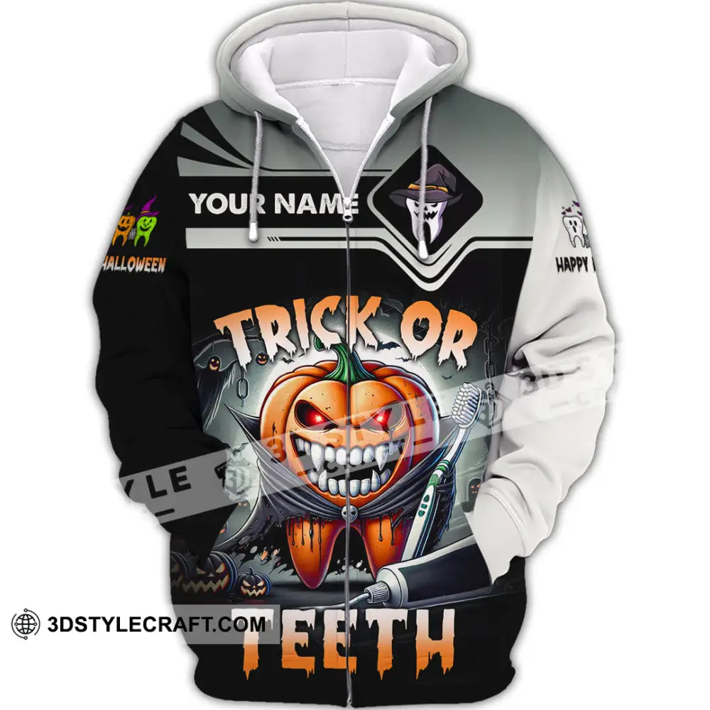 Unisex Shirt Custom Name Trick Or Teeth Halloween Polo Long Sleeve Gift Zipper Hoodie / S T-Shirt