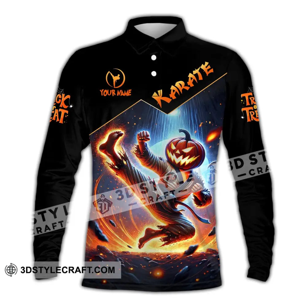 Unisex Shirt - Custom Name Trick Or Treat Karate Long Sleeve Polo / S T-Shirt