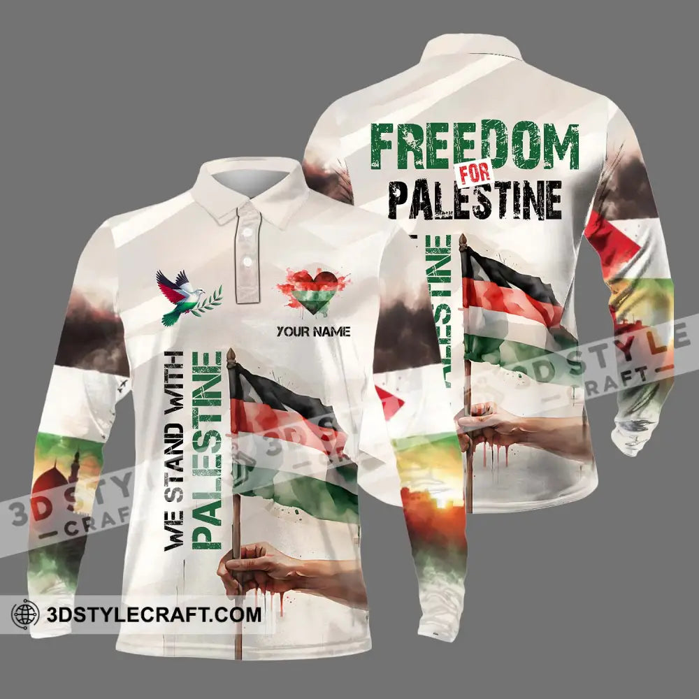 Unisex Shirt - Custom Name We Stand With Palestine Long Sleeve Polo / S T-Shirt