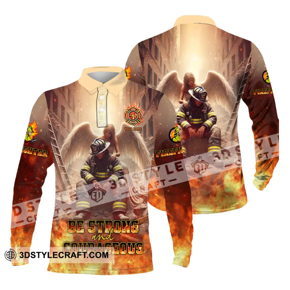 Unisex Shirt - Custom Text Shirt Be Strong And Courageous Fire Fighter Shirt Long Sleeve Polo / S T-shirt