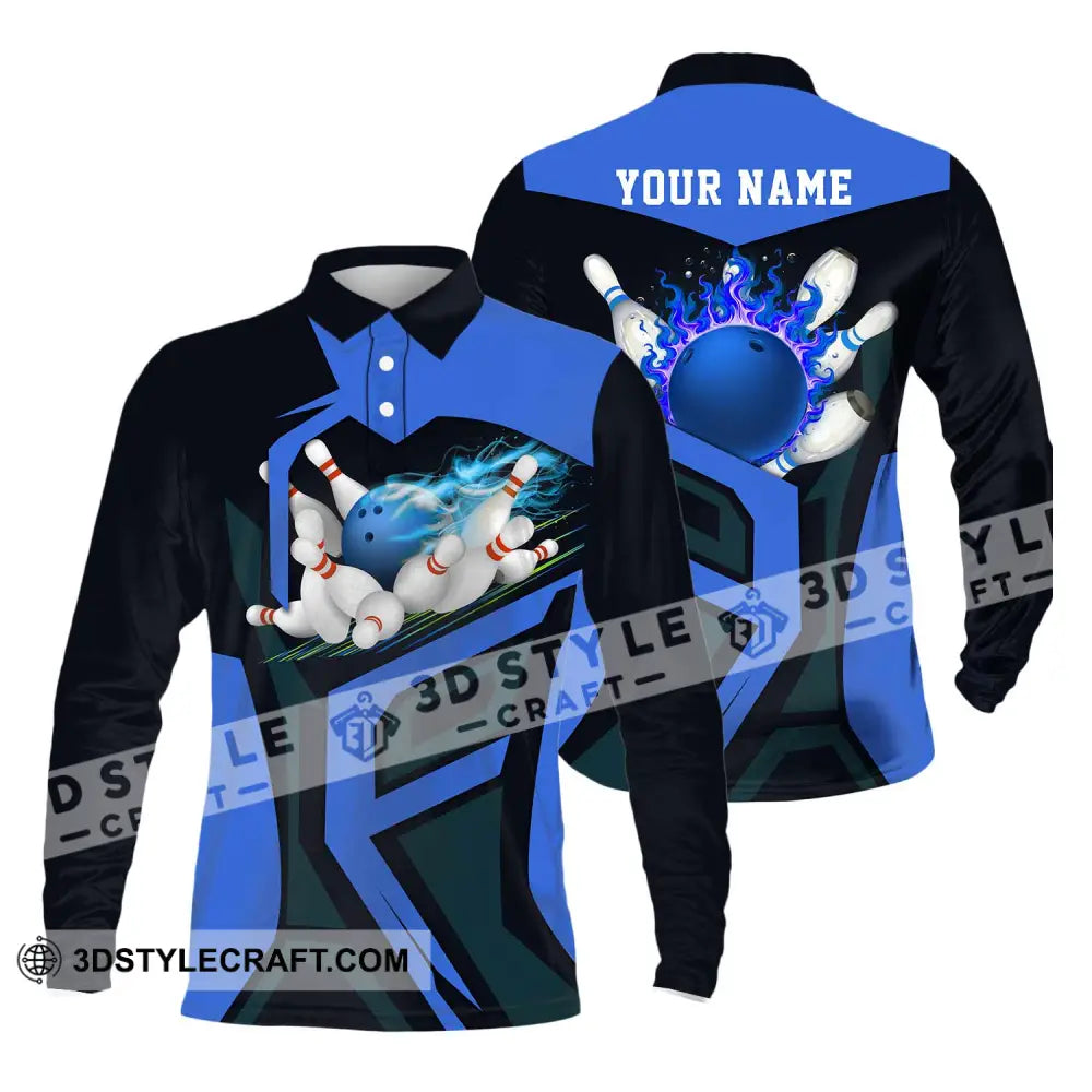 Unisex Shirt - Custom Text Blue Bowling Player Sport Long Sleeve Polo / S T-Shirt