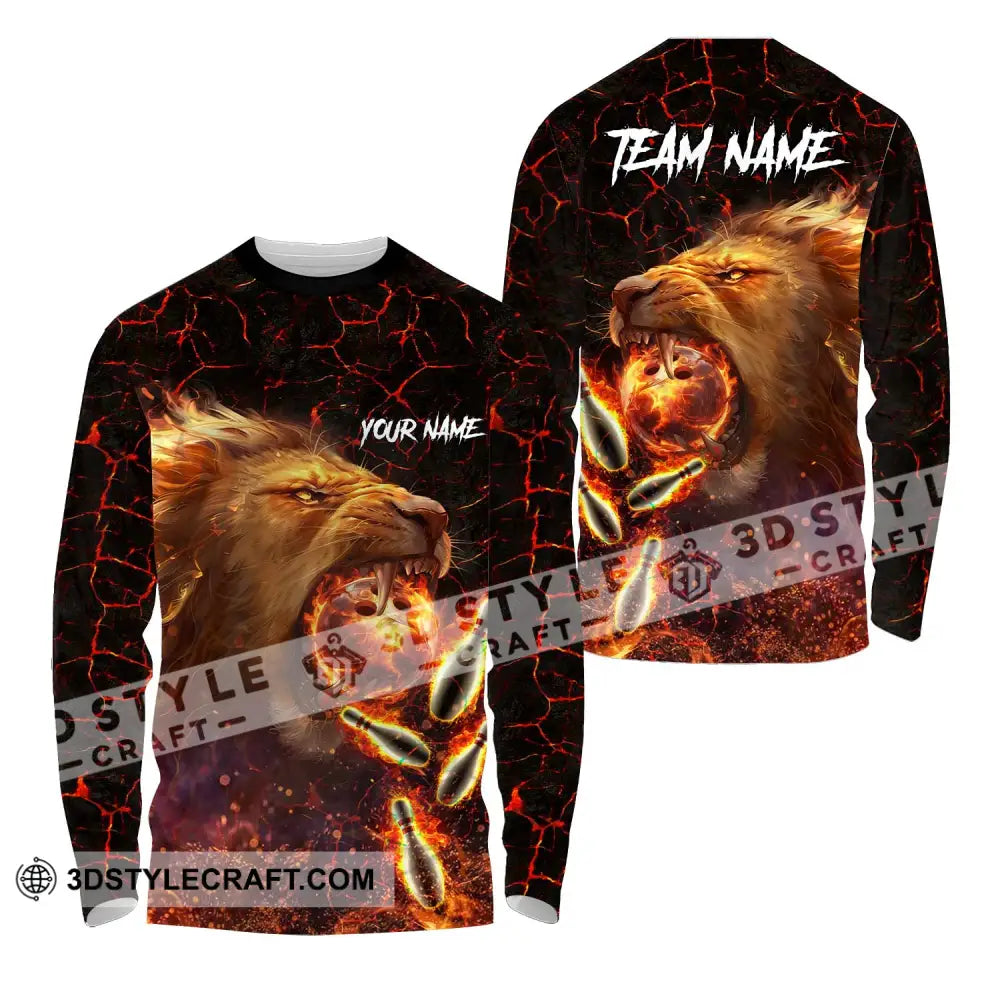 Unisex Shirt - Custom Texts Fire Lion Bowling Sport For Player Long Sleeve / S T-Shirt