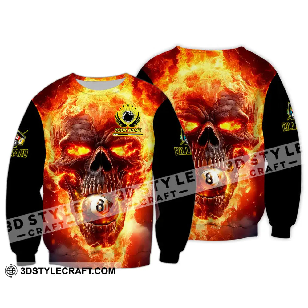 Unisex Shirt - Custom Texts Fire Skull Billiards No8 Sport Long Sleeve / S T-Shirt