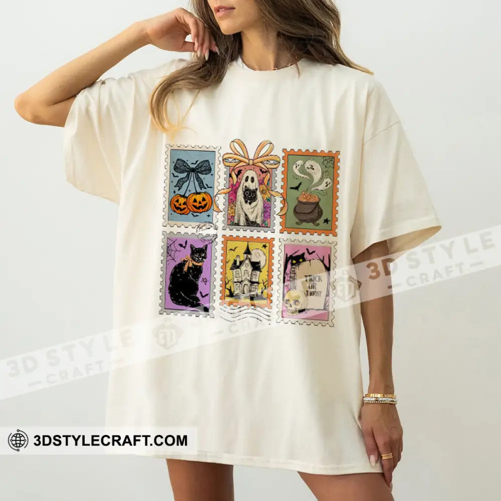 Unisex T-Shirt - Retro Halloween Cat Ghost Pumpkin T-Shirt Halloween Collectible Gift Beige / S Apparel