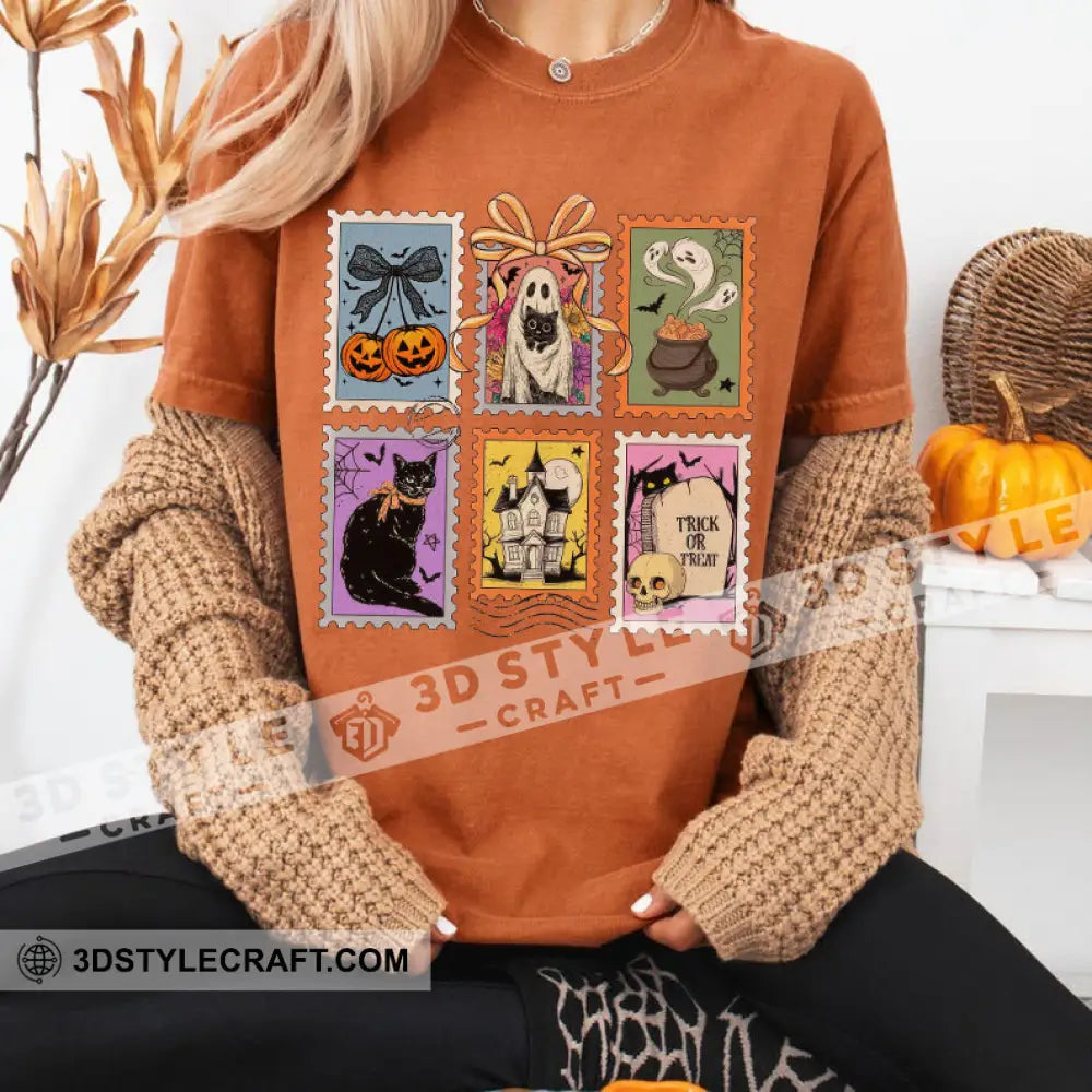 Unisex T-Shirt - Retro Halloween Cat Ghost Pumpkin T-Shirt Halloween Collectible Gift Orange / S Apparel