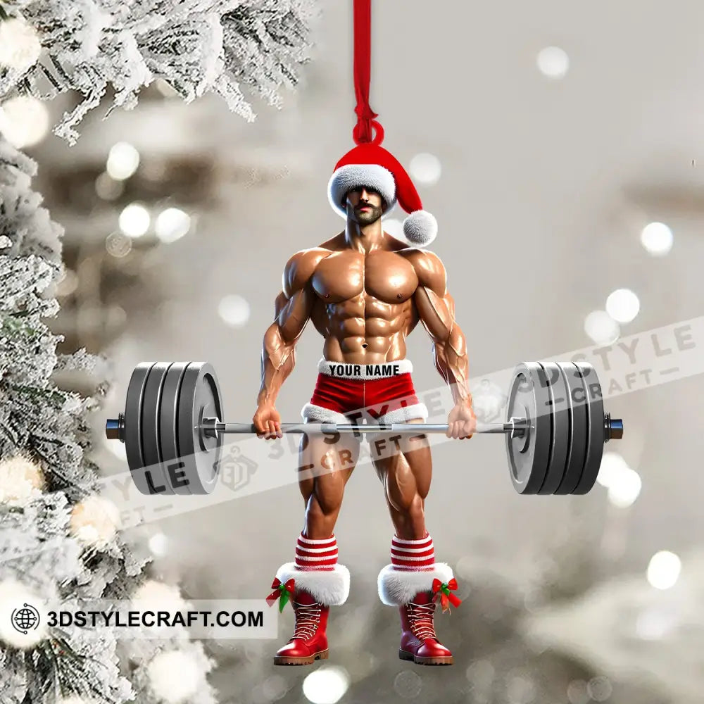 Weightlifter Santa Christmas Ornament Personalized