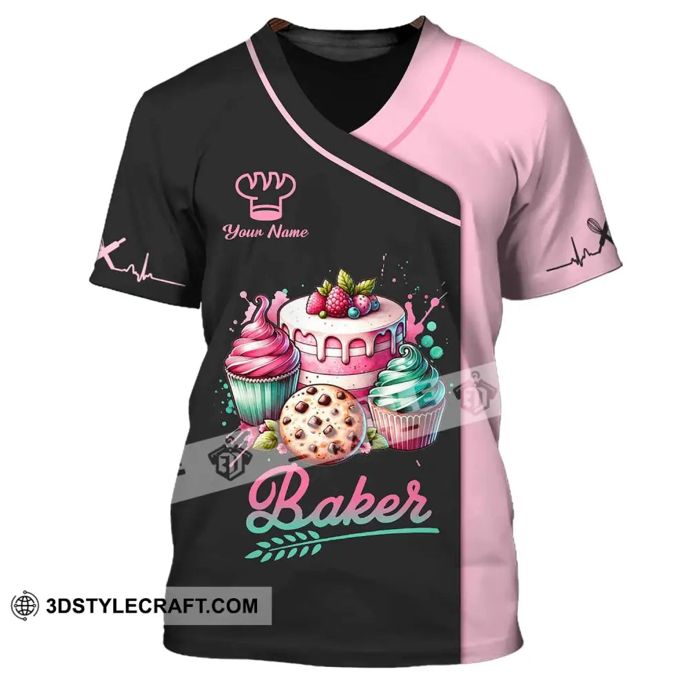 Woman Shirt Custom Name Baker Bakery Uniform Chef Baking Lovers Gift T-Shirt / S