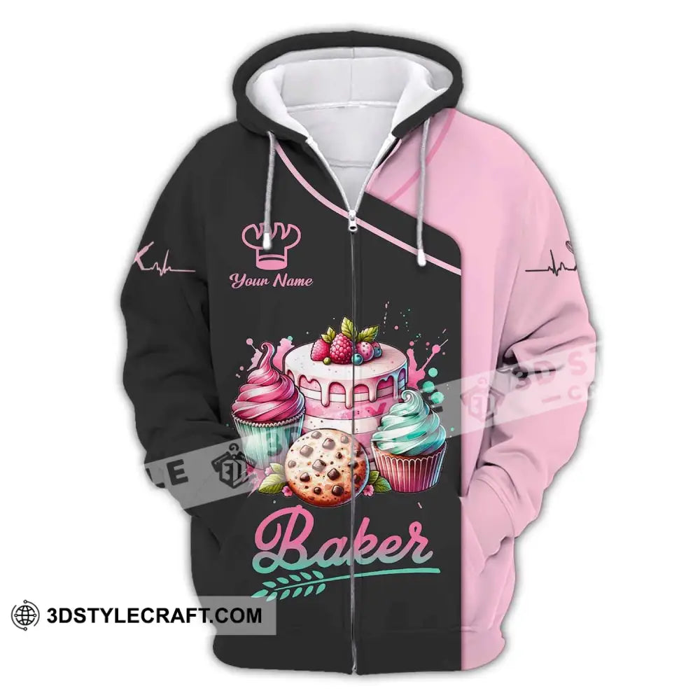 Woman Shirt Custom Name Baker Bakery Uniform Chef Baking Lovers Gift Zipper Hoodie / S T-Shirt