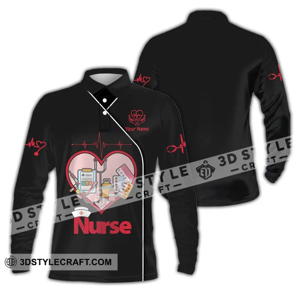 Woman Shirt Custom Name Nurse Polo Long Sleeve Love T-Shirt / S T-Shirt